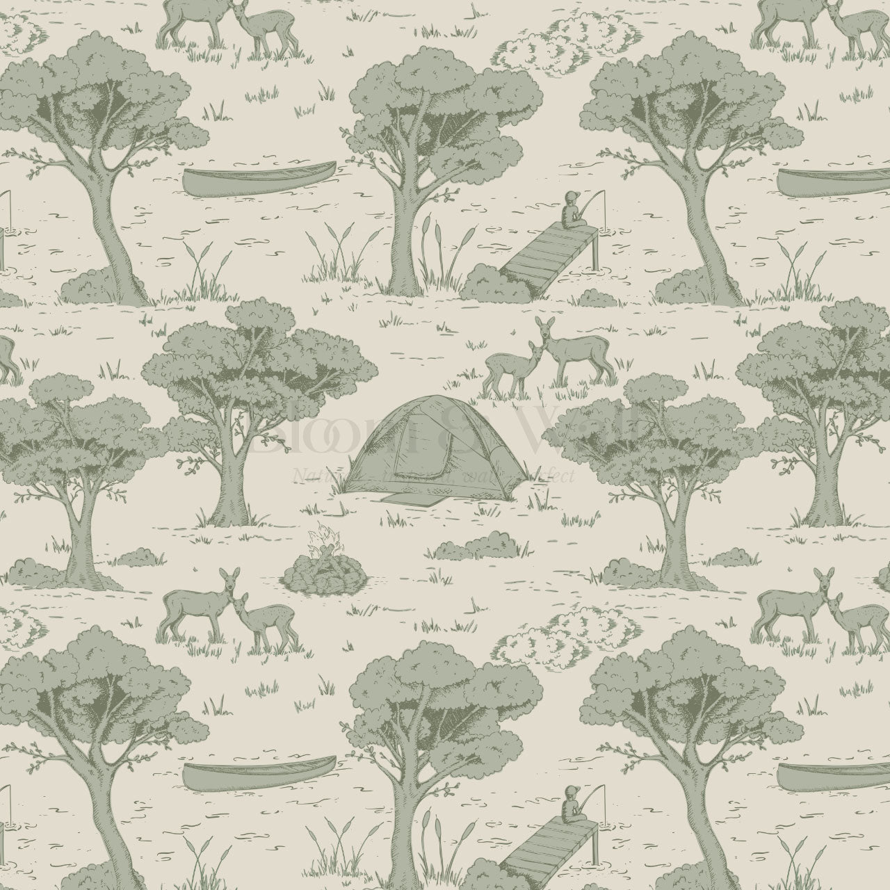 Cillian Camping Toile Sage Wallpaper