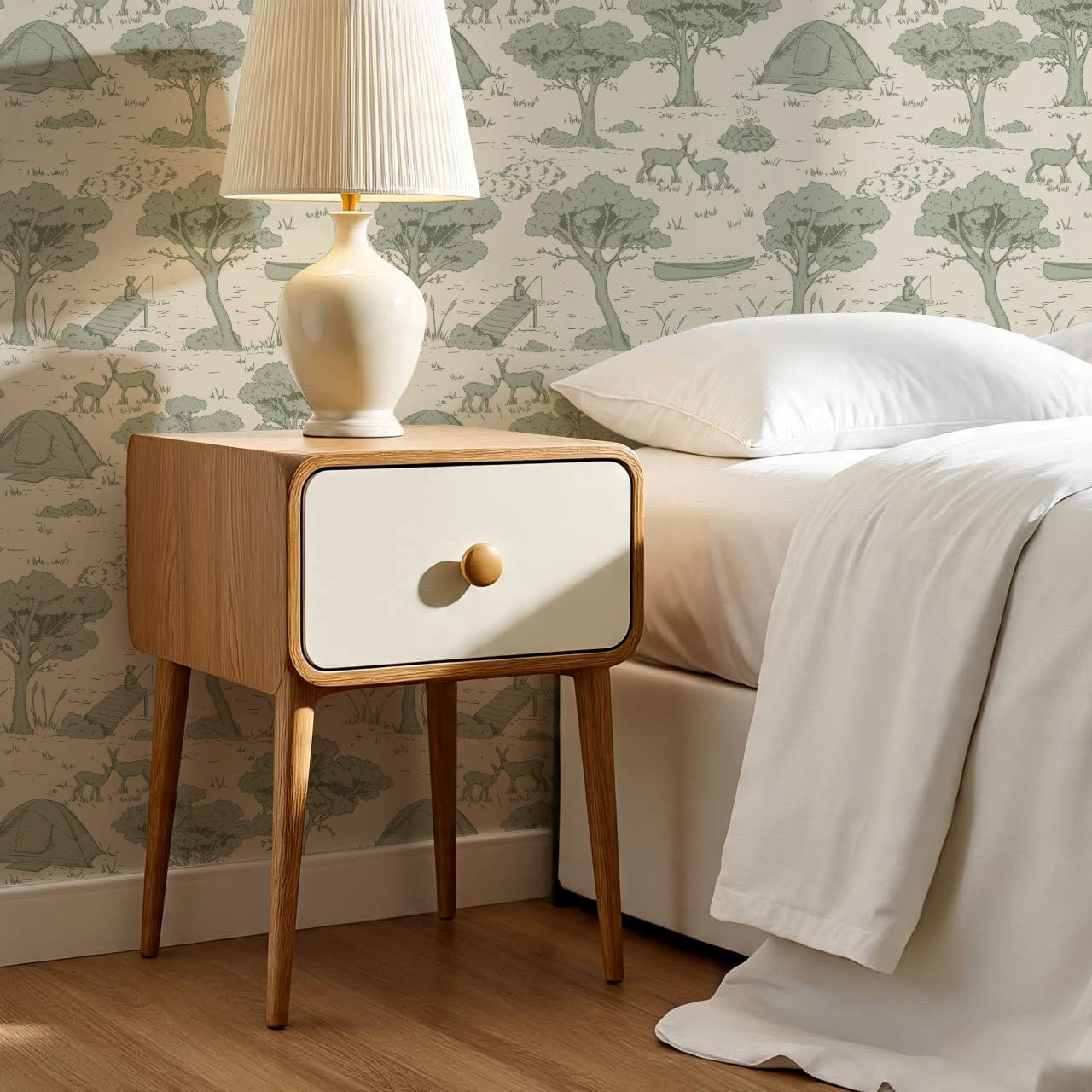 Cillian Camping Toile Sage Wallpaper