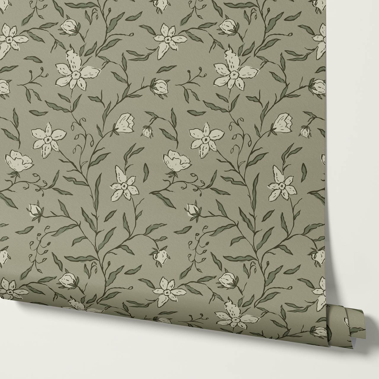 Cintia Trailing Floral Olive Stone Wallpaper