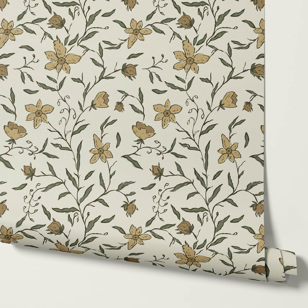 Cintia Trailing Floral Honey Olive Wallpaper