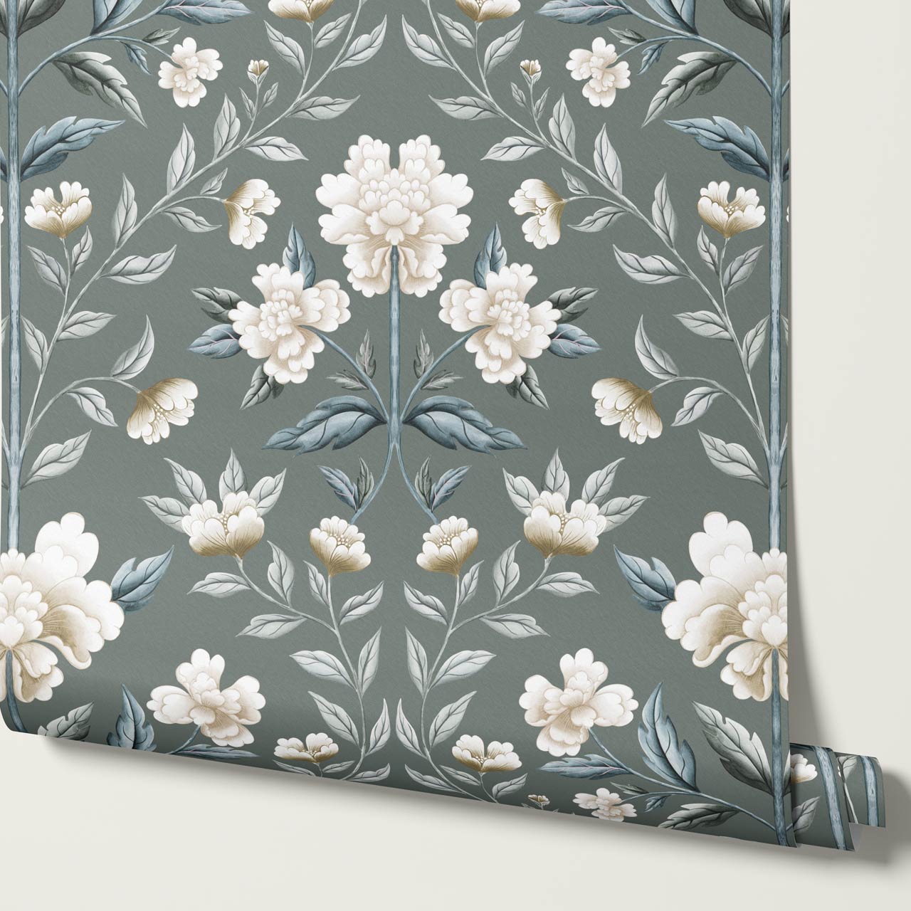 Concetta Peony Cottage Garden Veil Deep Sage Wallpaper