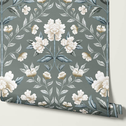 Concetta Peony Cottage Garden Veil Deep Sage Wallpaper