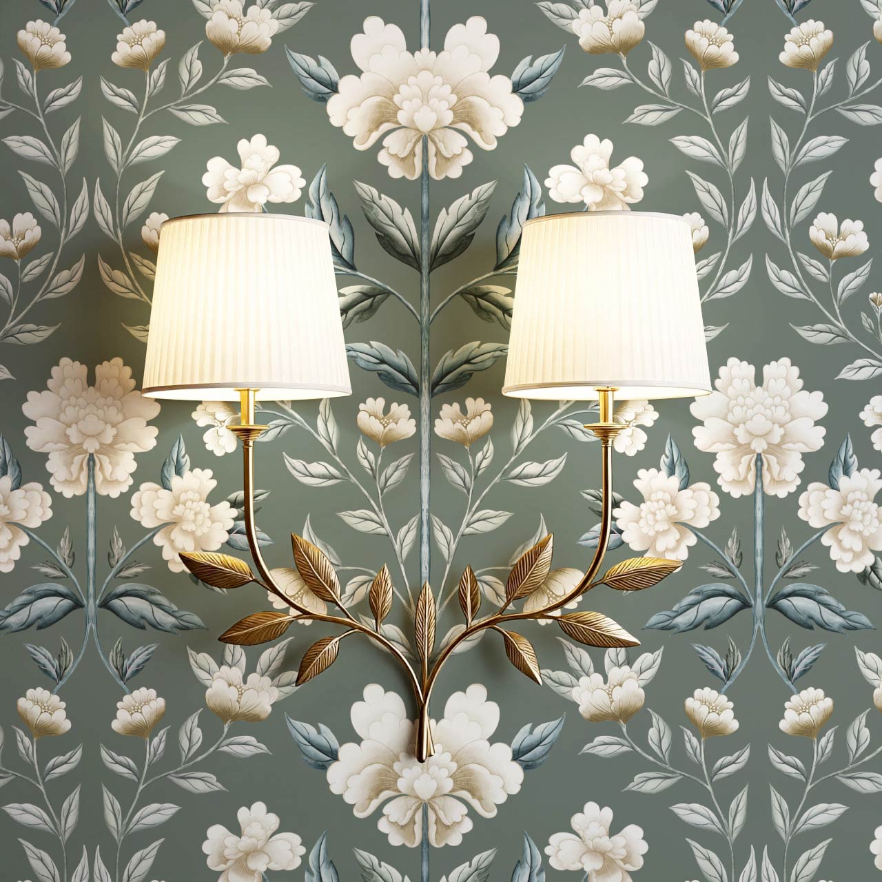 Concetta Peony Cottage Garden Veil Deep Sage Wallpaper