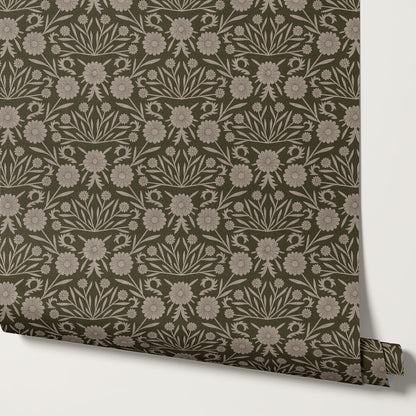 Daisy Antique Motif Sandstone Brown Wallpaper