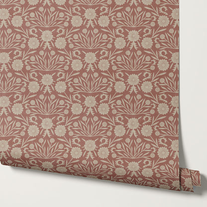 Daisy Antique Motif Oyster Terracotta Wallpaper