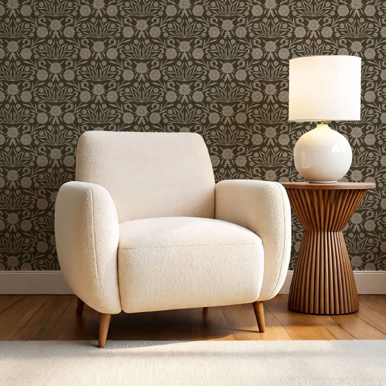 Daisy Antique Motif Sandstone Brown Wallpaper