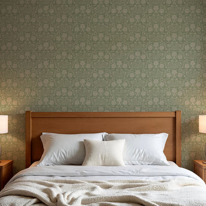 Daisy Antique Motif Green Powder Gray Wallpaper