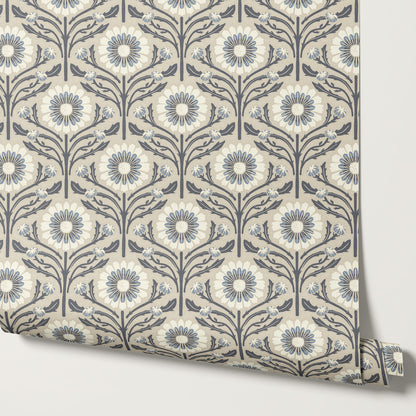 Daisy Blooms Slate Blue Wallpaper