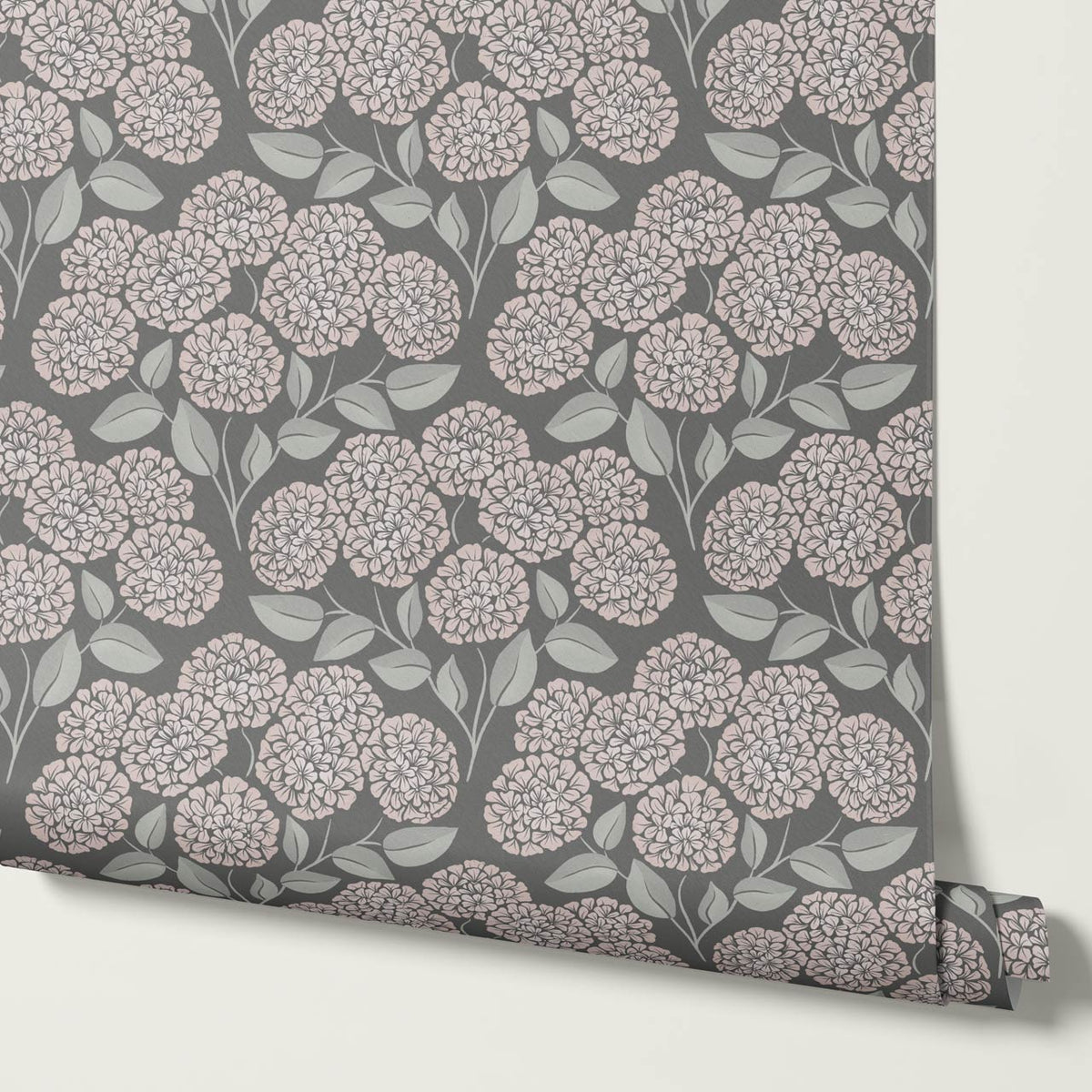 Dalia Hydrangea Cascade Gray Stone Pale Blush Wallpaper