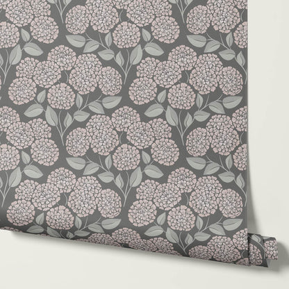 Dalia Hydrangea Cascade Gray Stone Pale Blush Wallpaper
