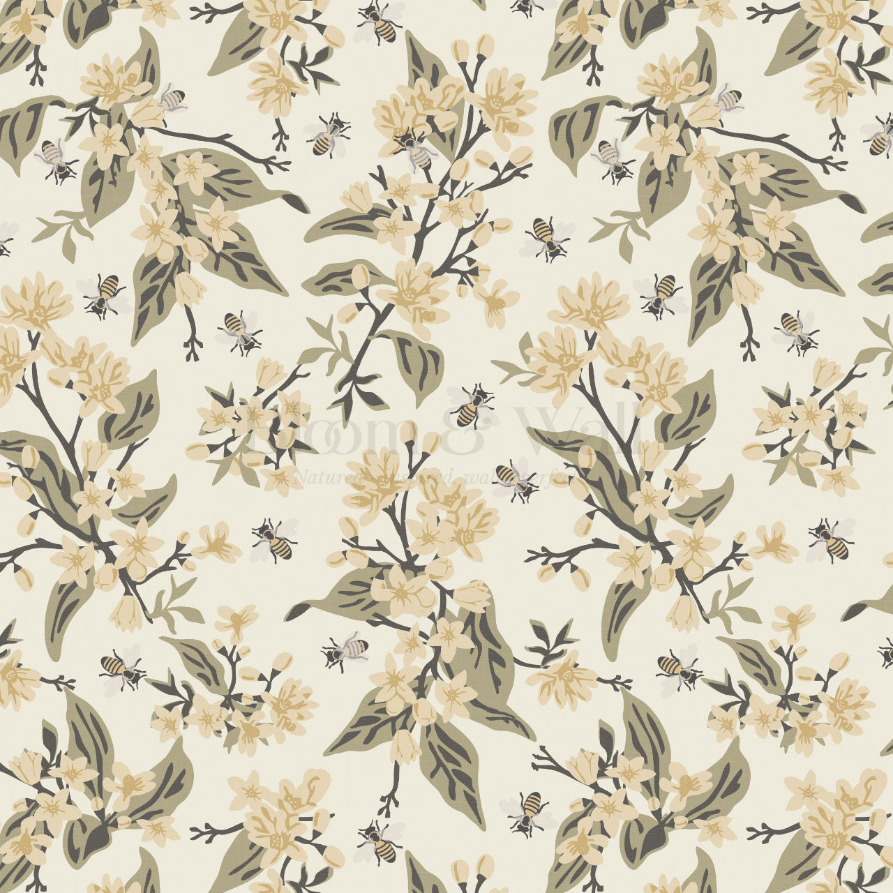 Danna Flowers & Bees Butter Sage Wallpaper
