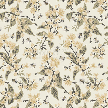 Danna Flowers & Bees Butter Sage Wallpaper
