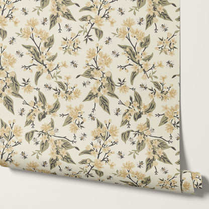 Danna Flowers & Bees Butter Sage Wallpaper