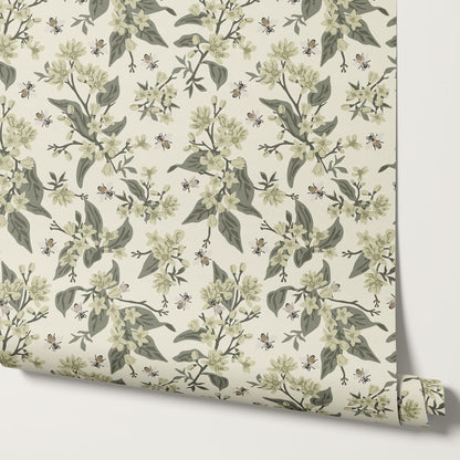 Danna Flowers & Bees Sage Wallpaper