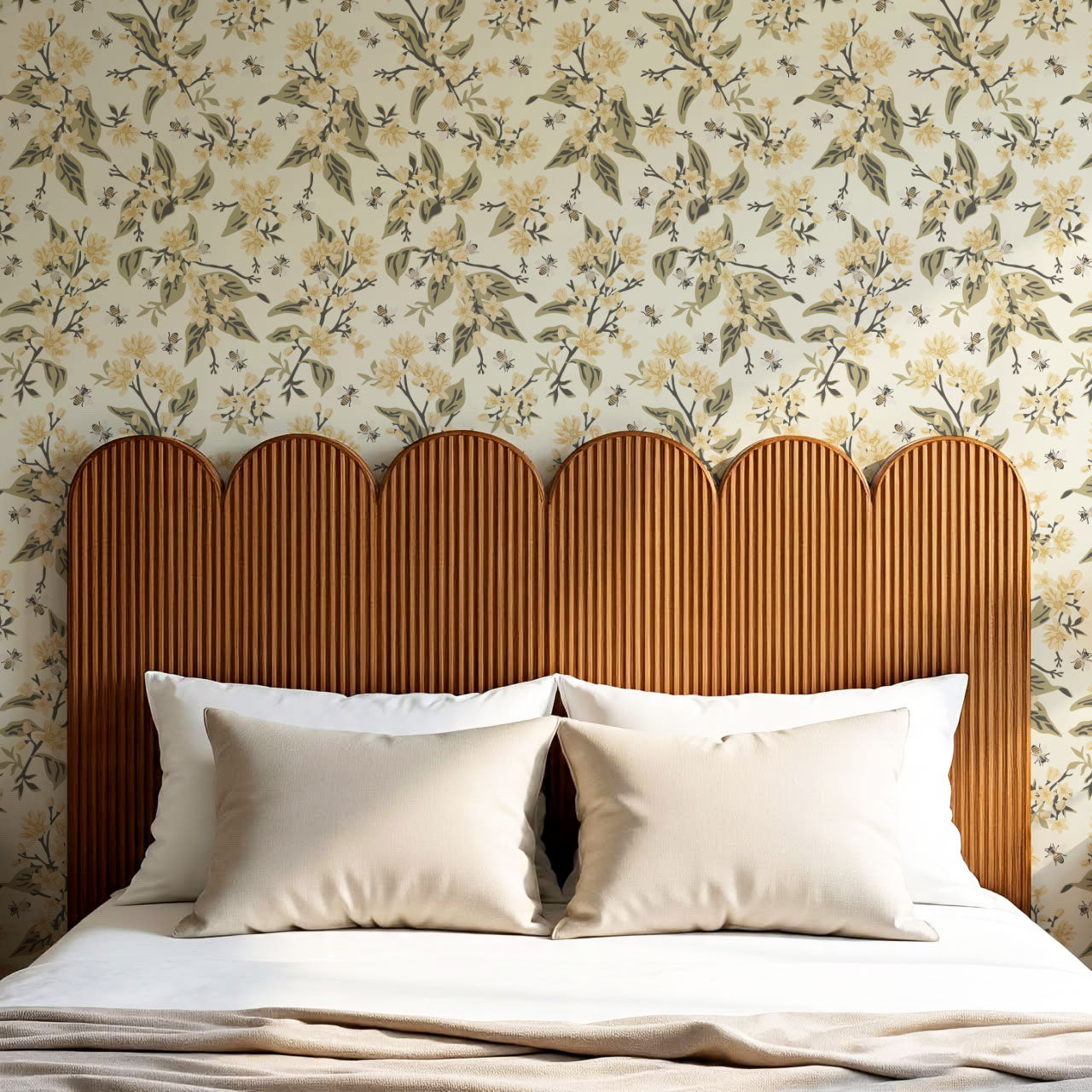 Danna Flowers & Bees Butter Sage Wallpaper