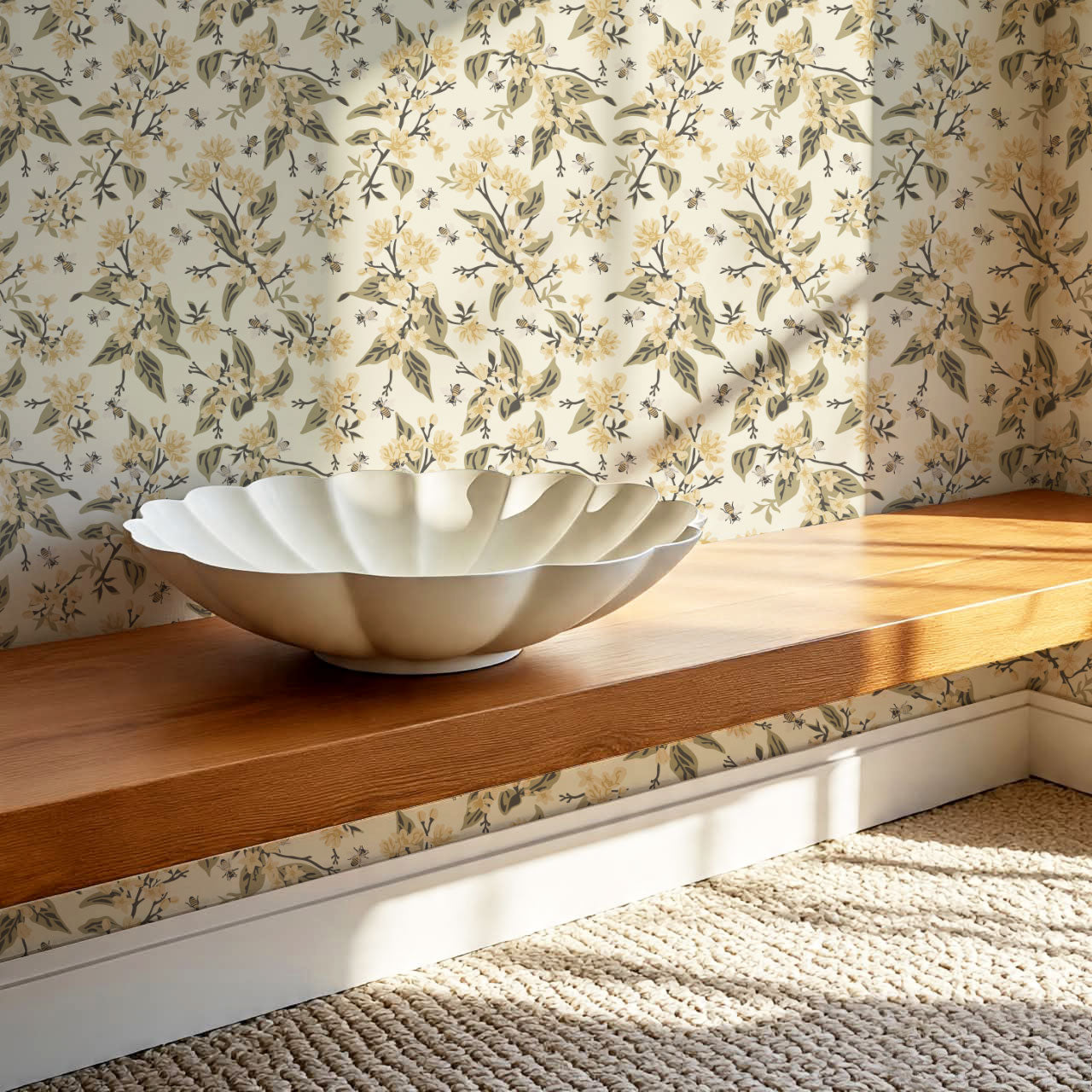 Danna Flowers & Bees Butter Sage Wallpaper
