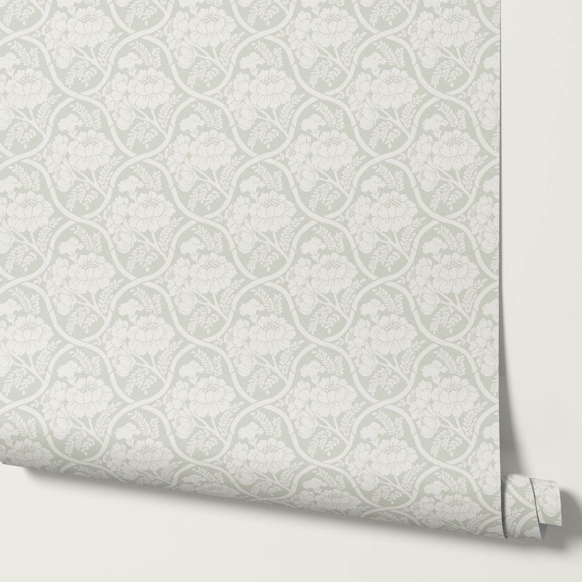 Delfina Peony Bamboo Trellis Soft Sage Cream Wallpaper
