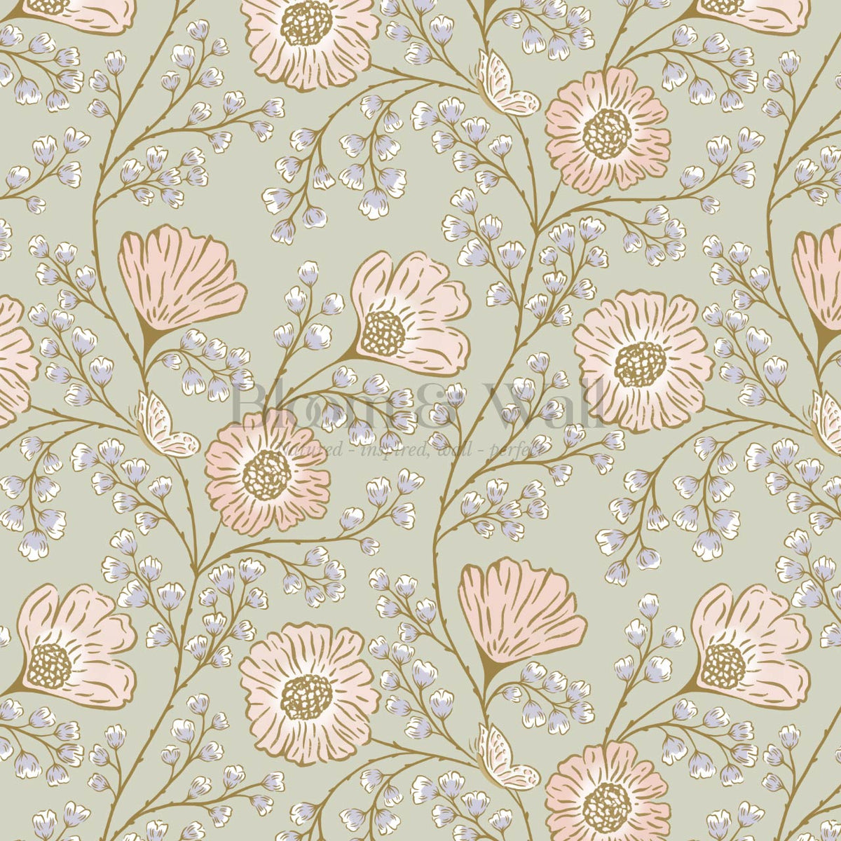 Della Flower Grove Sage Peach Lilac Wallpaper