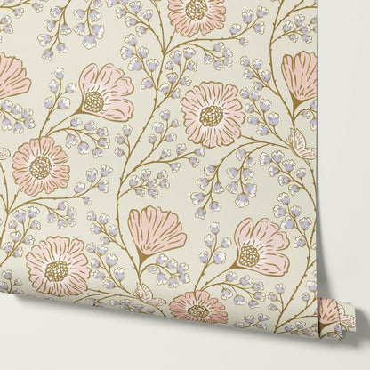 Della Flower Grove Bone Coral Lilac Wallpaper