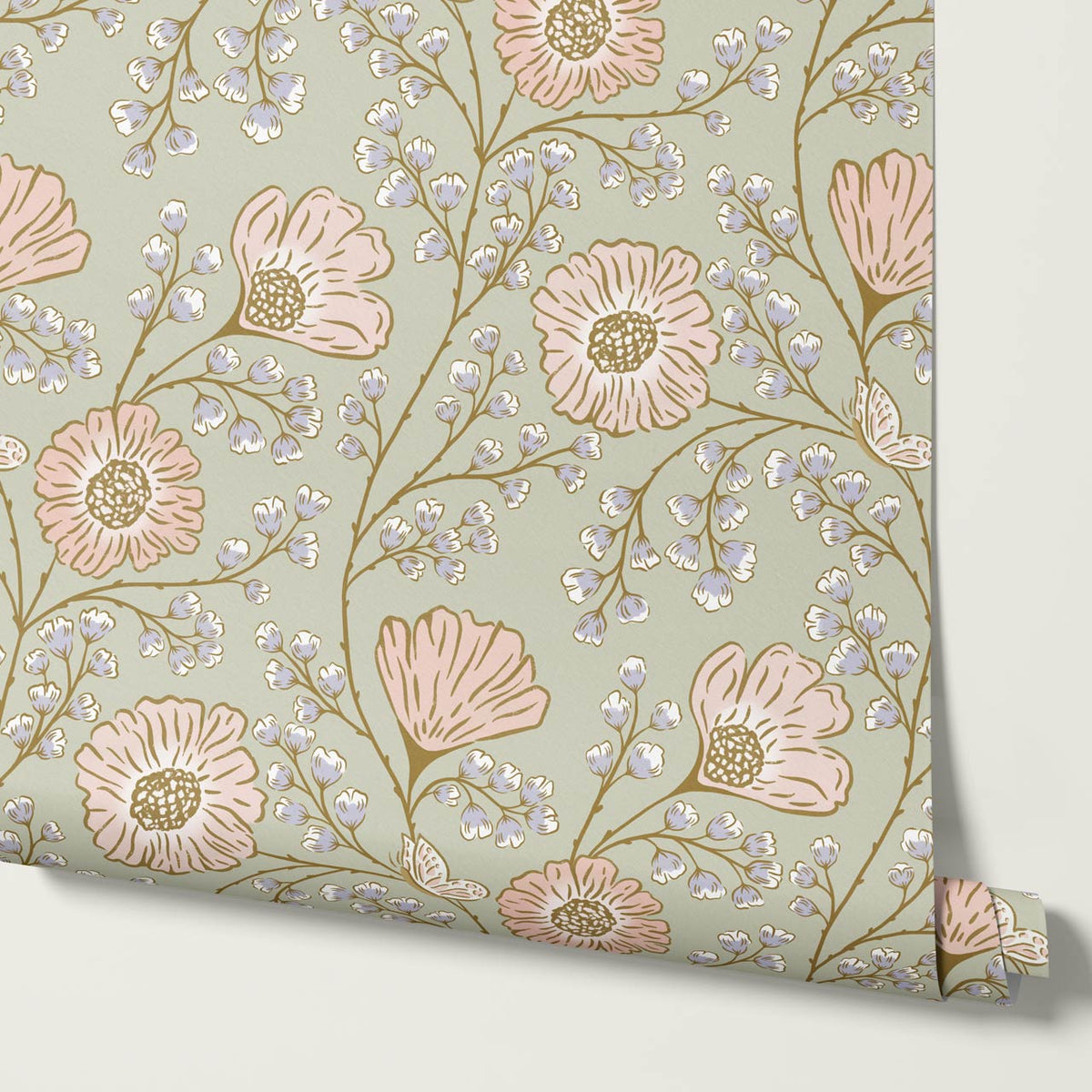 Della Flower Grove Sage Peach Lilac Wallpaper