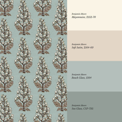 Dominga Block Print Florals Dusty Blue Brown Wallpaper