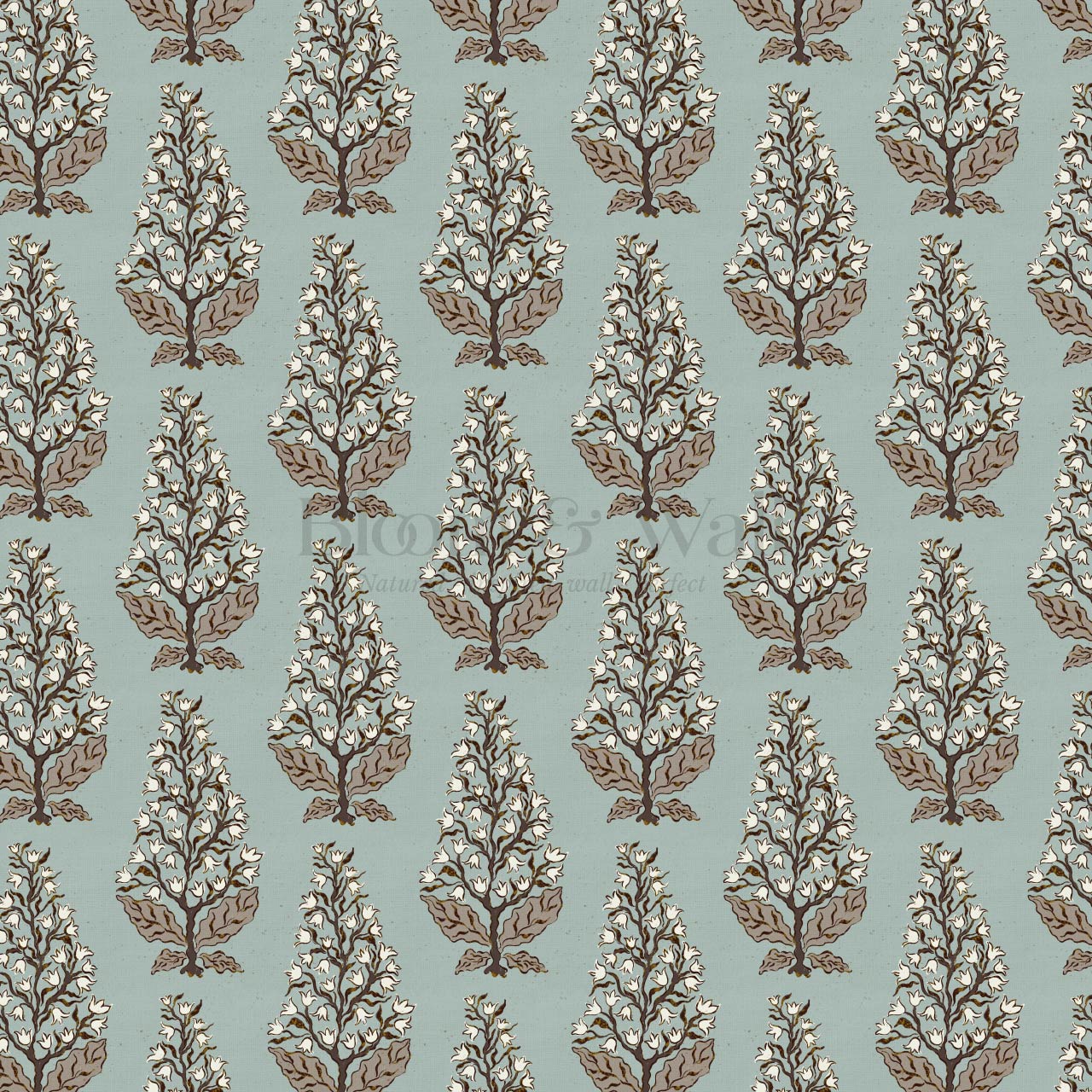 Dominga Block Print Florals Dusty Blue Brown Wallpaper