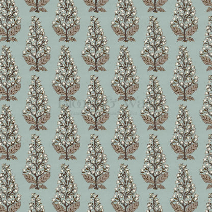 Dominga Block Print Florals Dusty Blue Brown Wallpaper