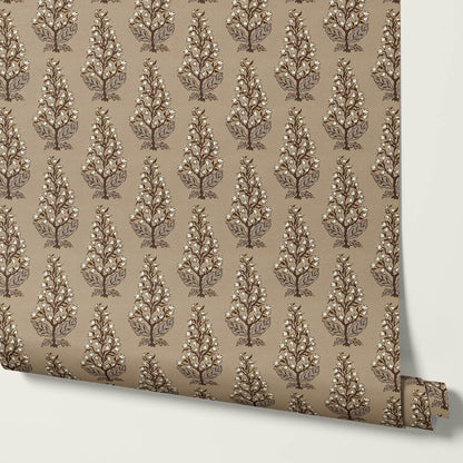 Dominga Block Print Florals Taupe Brown Wallpaper