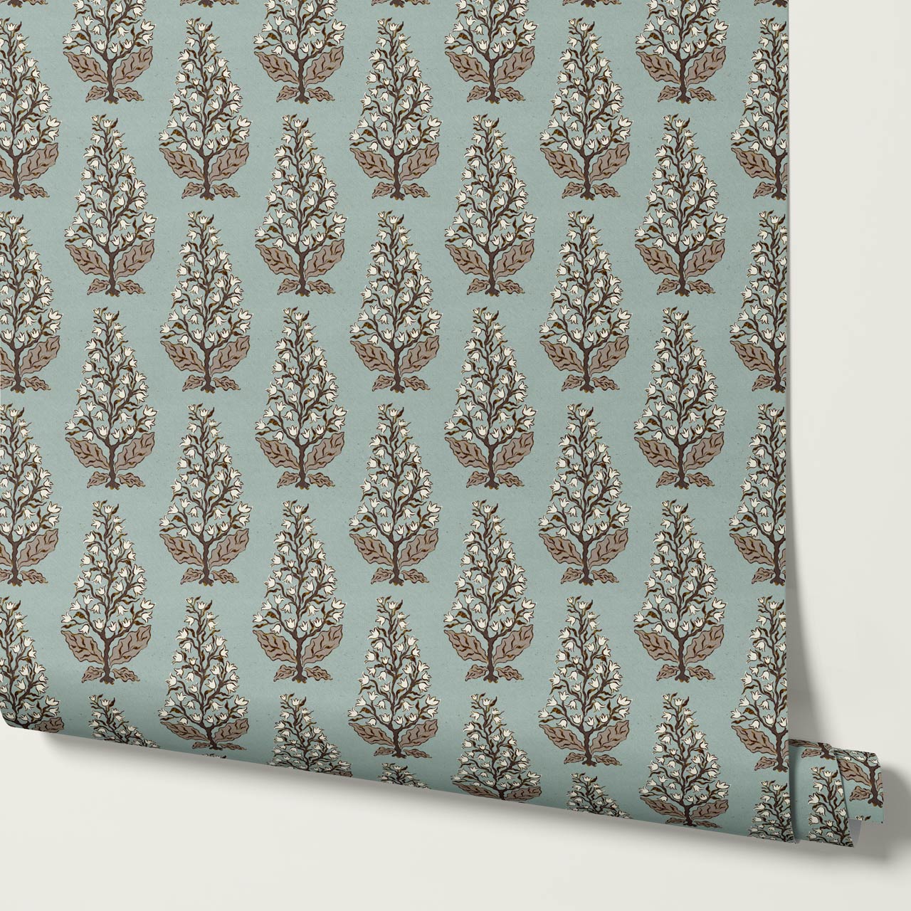 Dominga Block Print Florals Dusty Blue Brown Wallpaper