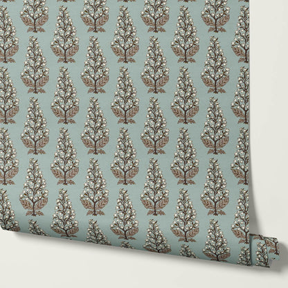 Dominga Block Print Florals Dusty Blue Brown Wallpaper