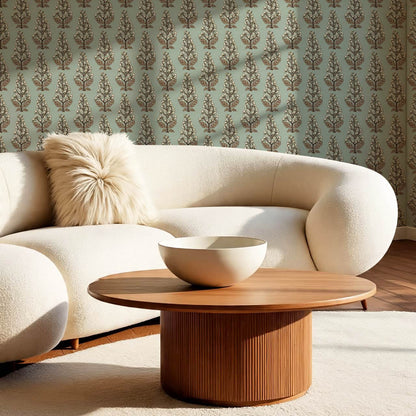 Dominga Block Print Florals Dusty Blue Brown Wallpaper