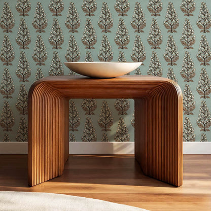 Dominga Block Print Florals Dusty Blue Brown Wallpaper