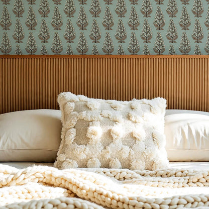 Dominga Block Print Florals Dusty Blue Brown Wallpaper
