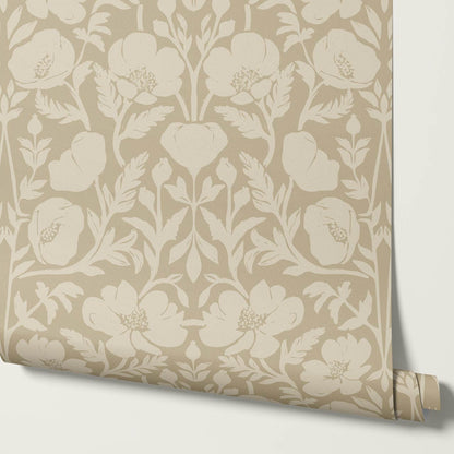 Duna Painterly Poppies Tan Beige Wallpaper