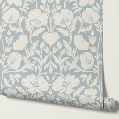 Duna Painterly Poppies Dusty Blue Wallpaper