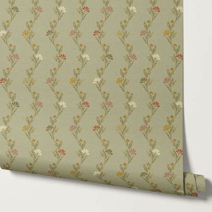 Eden Blooming Vines Olive Wallpaper