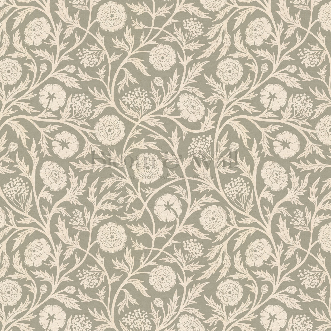 Edith Blooming Vines Olive Wallpaper