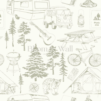 Eha Camping Toile Ivory Sage Wallpaper