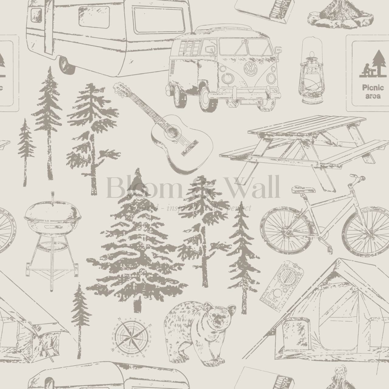 Eha Camping Toile Stone Taupe Wallpaper
