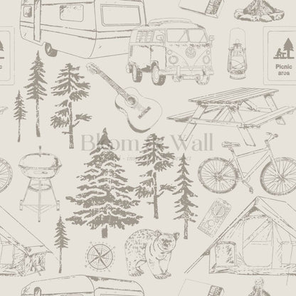 Eha Camping Toile Stone Taupe Wallpaper