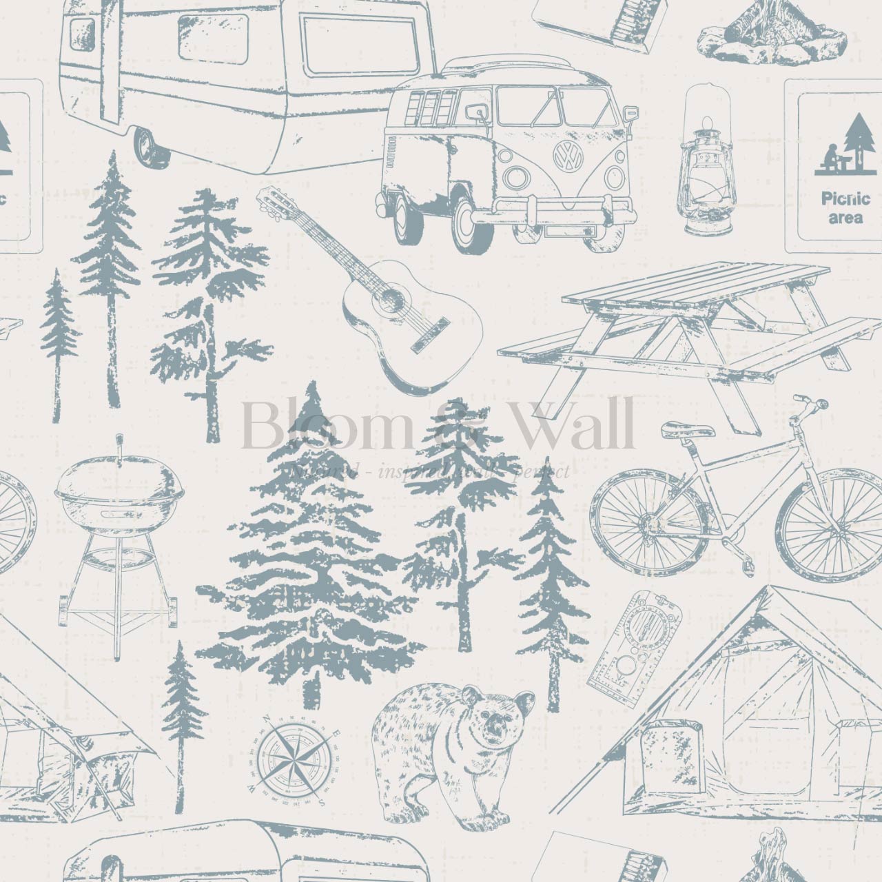 Eha Camping Toile Ivory Teal Wallpaper