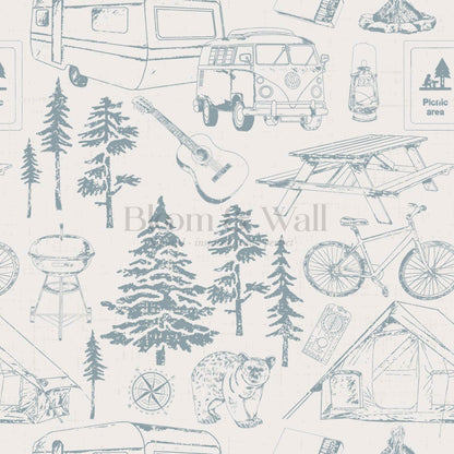 Eha Camping Toile Ivory Teal Wallpaper