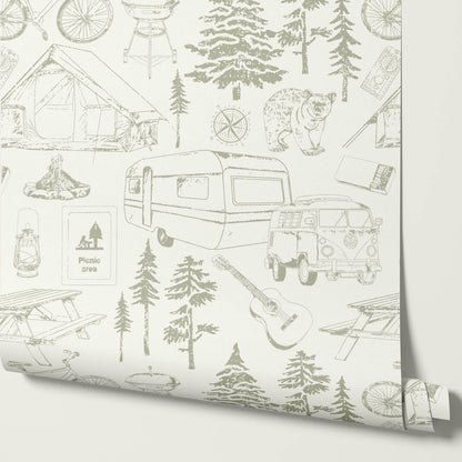 Eha Camping Toile Ivory Sage Wallpaper