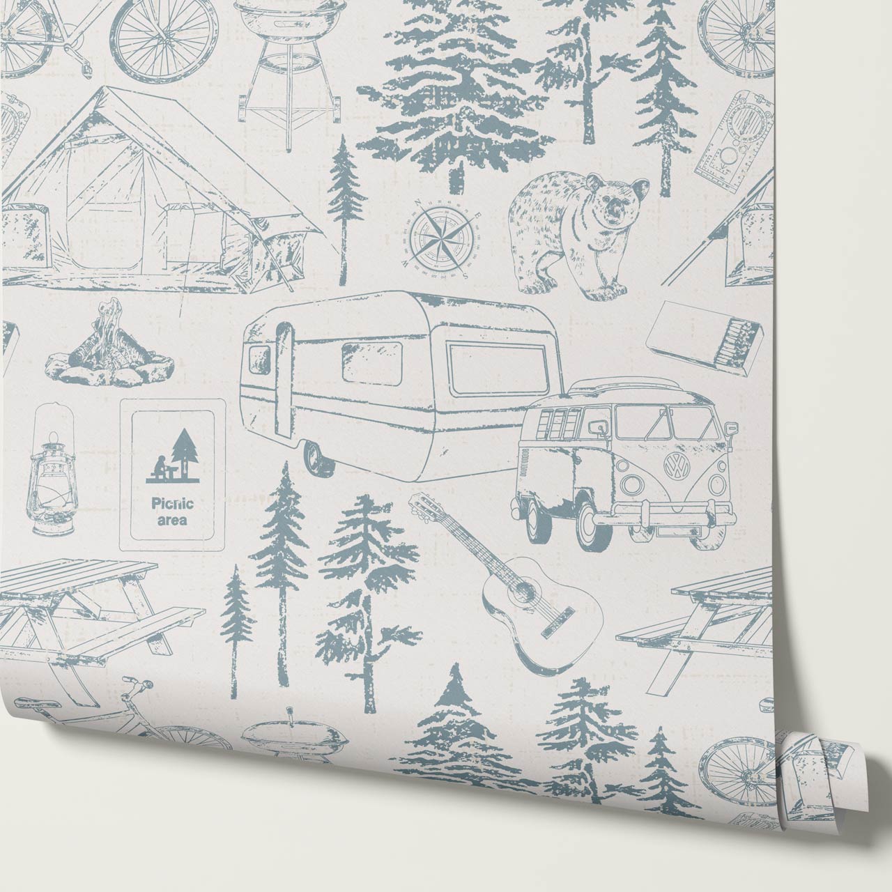 Eha Camping Toile Ivory Teal Wallpaper