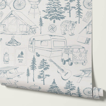 Eha Camping Toile Ivory Teal Wallpaper