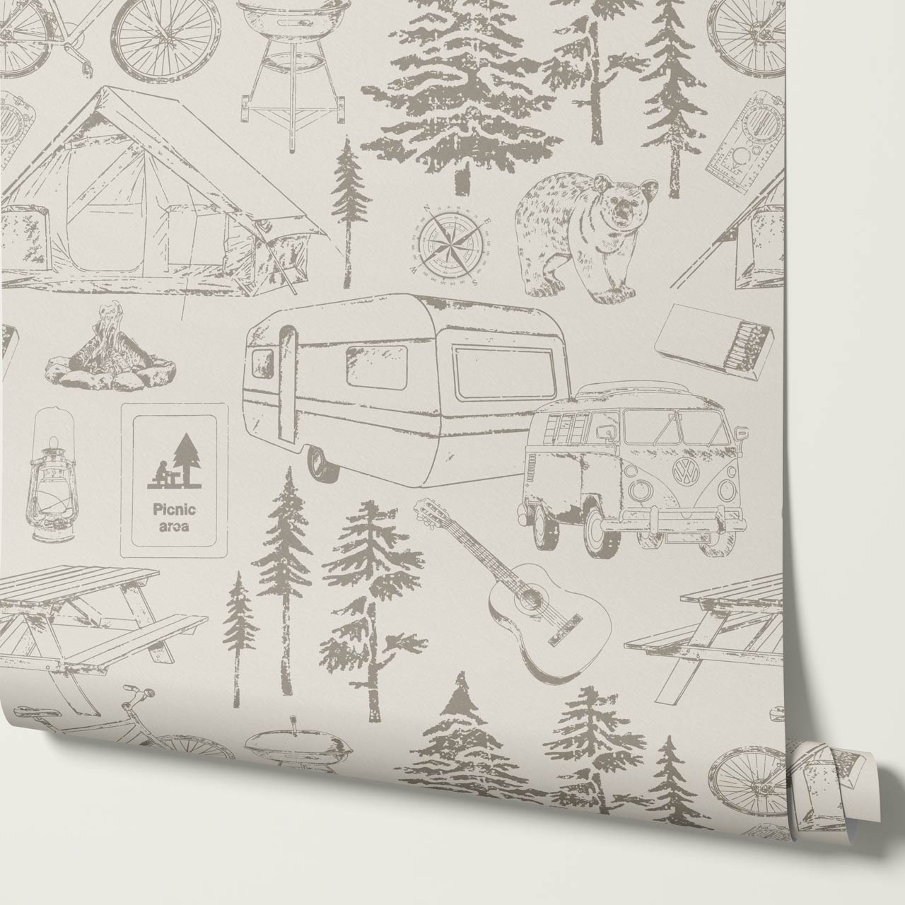 Eha Camping Toile Stone Taupe Wallpaper