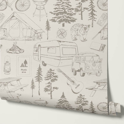 Eha Camping Toile Stone Taupe Wallpaper