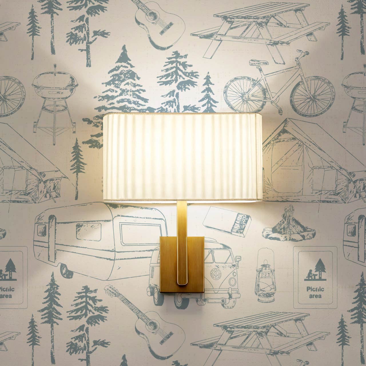 Eha Camping Toile Ivory Teal Wallpaper