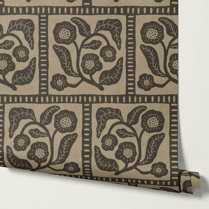 Eira Folk Art Squares Slate Taupe Wallpaper