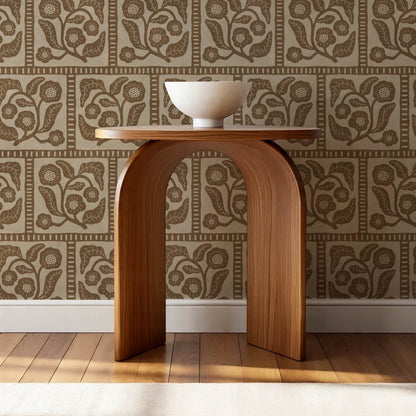 Eira Folk Art Squares Brown Beige Wallpaper